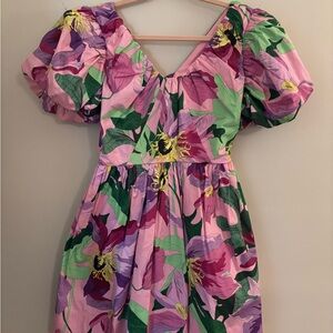 Floral Poplin Puff Sleeve Dress with back Bow